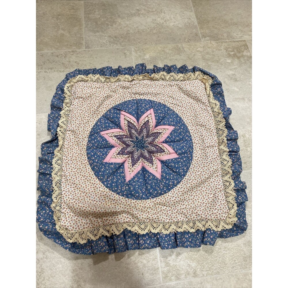 vintage handmade patchwork pillow cover Blue Flo 8 pointed star ruffled 16x16